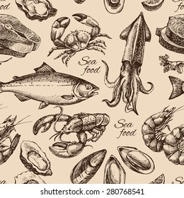 Hand drawn sketch seafood seamless pattern. Vintage style vector illustration	