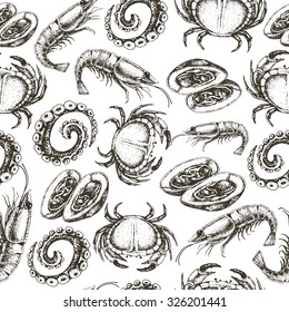 Hand Drawn Sketch Seafood Seamless Pattern.