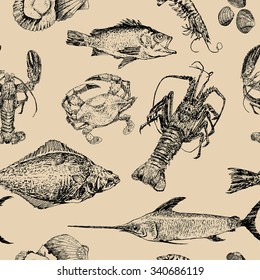 Hand drawn sketch seafood seamless pattern. Vector illustrations, retro engraving style