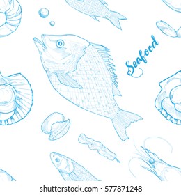 Hand drawn sketch seafood seamless pattern. Vector illustration background