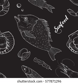 Hand drawn sketch seafood seamless pattern. Vector illustration background