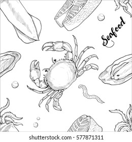 Hand drawn sketch seafood seamless pattern. Vector illustration background