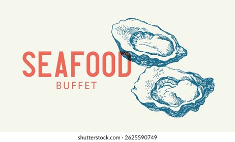 Desenho desenhado à mão vetor frutos do mar vintage ilustração de ostras. Banner retro vintage. Design de menu