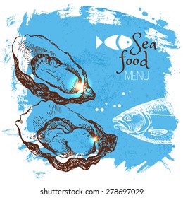 Hand drawn sketch seafood vector illustration. Sea poster background. Menu design