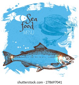 Hand drawn sketch seafood vector illustration. Sea poster background. Menu design