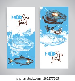 Hand drawn sketch seafood vector banners. Sea background set. Menu design