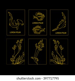 Hand drawn sketch seafood vector illustration of  fishs. Logo design templates and emblems in golden colors on black background 