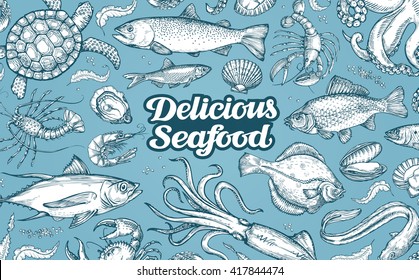 Hand drawn sketch seafood. Vector illustration