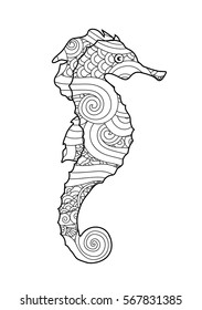 Hand drawn sketch of seahorse isolated on white background in zentangle inspired style. Coloring book for adult and older children. Art vector stylized illustration.