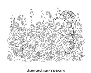 Hand drawn sketch of seahorse under the sea in zentangle inspired style. Coloring book for adult and older children. Horizontal composition. Art vector stylized illustration.