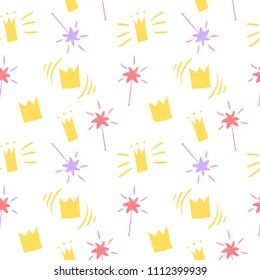 Hand drawn sketch seamless pattern with magic crown, star, magic wand, yellow, gold. For wallpapers, web background, textile, wrapping, fabric, kids design.