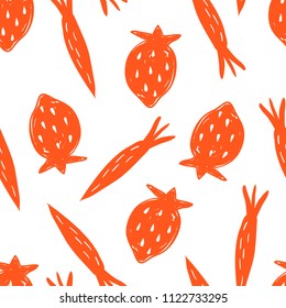 Hand drawn sketch seamless pattern with carrots, strawberries, berries, orange, yellow, red, garden. For wallpapers, web background, textile, wrapping, fabric, kids design.