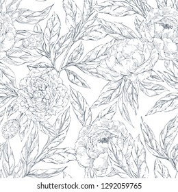 Hand drawn sketch seamless pattern with peones in vintage style. Best for wallpaper,pattern fills,web page background,surface textures