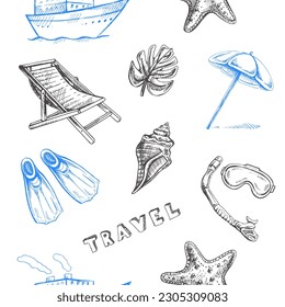 Esbozo dibujado a mano sin inconvenientes con elementos de viaje y mar. Iconos de turismo marítimo y aventura. С con elementos de viaje:  conchas, playa, material de submarinismo.
