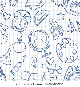 Hand drawn sketch seamless pattern with school supplies and creative elements in doodle style on a white checkered background. Back to school pattern