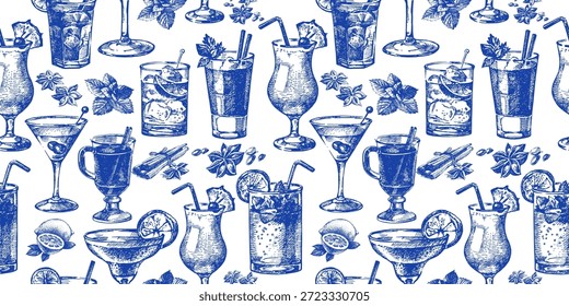 Handgezeichnete Skizze nahtlose Muster von alkoholischen Cocktails. Vektorgrafik einzeln