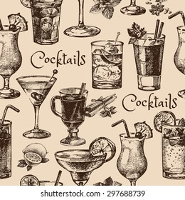 Hand drawn sketch seamless pattern of alcoholic cocktails. Vector illustration