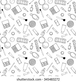 Hand drawn sketch seamless pattern of makeup accessories on white vector 