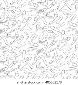 Hand drawn sketch seamless pattern of Shoes - running shoes sneakers, boots, ballet flats, flip flops, tractor sole shoes, loafer with lettering. Design element. Coloring book vector