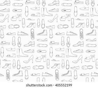 Hand drawn sketch seamless pattern of Shoes - running shoes sneakers, boots, ballet flats, flip flops, tractor sole shoes, loafer. Design element. Coloring book vector