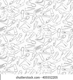 Hand drawn sketch seamless pattern of Shoes - running shoes sneakers, boots, ballet flats, flip flops, tractor sole shoes, loafer. Design element. Coloring book vector