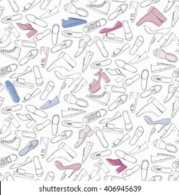 Hand drawn sketch seamless pattern of Shoes - running shoes sneakers, boots, ballet flats, flip flops. Design element colored vector