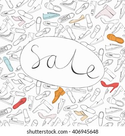 Hand drawn sketch seamless pattern of Shoes - running shoes sneakers, boots, ballet flats, flip flops with lettering Sale. Design element colored vector
