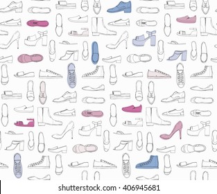 Hand drawn sketch seamless pattern of Shoes - running shoes sneakers, boots, ballet flats, flip flops. Design element colored vector