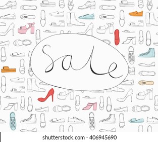 Hand drawn sketch seamless pattern of Shoes - running shoes sneakers, boots, ballet flats, flip flops with lettering Sale. Design element colored vector