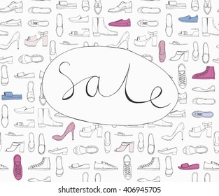 Hand drawn sketch seamless pattern of Shoes - running shoes sneakers, boots, ballet flats, flip flops with lettering Sale. Design element colored vector