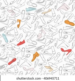 Hand drawn sketch seamless pattern of Shoes - running shoes sneakers, boots, ballet flats, flip flops. Design element colored vector