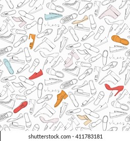 Hand drawn sketch seamless pattern of Shoes - running shoes sneakers, boots, ballet flats, flip flops with lettering Shoes. Design element colored vector