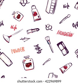 Hand drawn sketch seamless pattern of makeup accessories isolated on white with hand lettering.