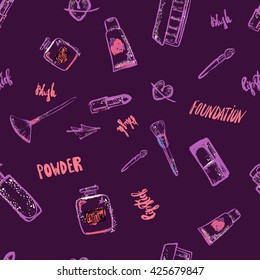 Hand drawn sketch seamless pattern of makeup accessories isolated on dark with hand lettering