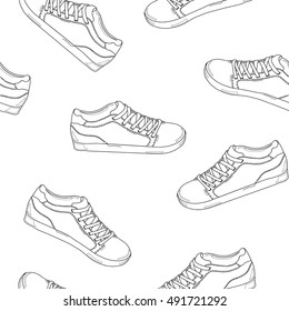 Hand drawn sketch seamless pattern of shoes - sneakers. Design element. Coloring book vector. Fashion shoes sneakers background.