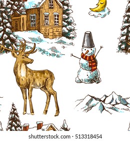 Hand drawn sketch seamless pattern christmas landscape with house, spruce and deer. Us for postcard, card, invitations and christmas decorations.