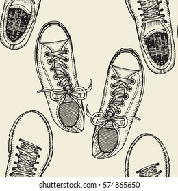 Hand drawn sketch seamless pattern of shoes - sneakers. Design element. Coloring book vector. Fashion shoes sneakers background.