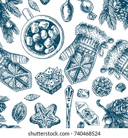 Hand drawn sketch seamless pattern christmas food. Sketch style drawing. Us for Invitations, flyers, postcards, web etc