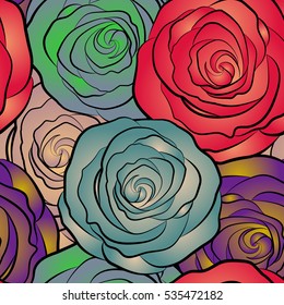Hand drawn sketch. Seamless rose pattern with flowers.