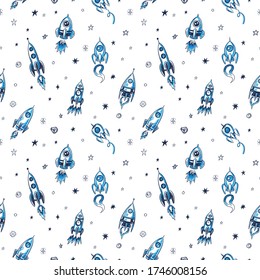 Hand drawn, sketch seamless space rocket print.