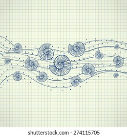 Hand drawn sketch with seashells in waves on paper. Vector illustrations. Ink pen effect