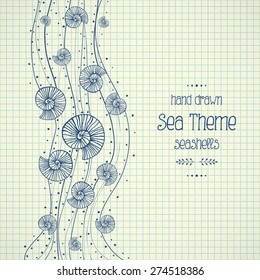 Hand drawn sketch with seashells in waves on paper. Ink pen effect. Vector illustrations