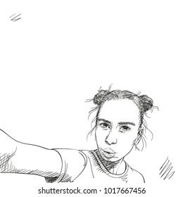 Hand drawn sketch of selfie portrait of teenage girl with two buns hairstyle, thick natural eyebrows and lips making kiss, Vector illustration