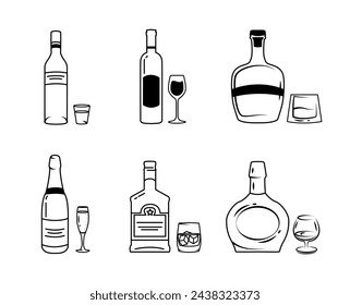 Hand drawn sketch set with alcohol bottles. Bottles and glasses isolated on white background. Set of Bottles for Alcohol. Vector hand drawn illustration with alcoholic drinks. Sketch.