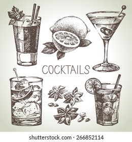 Hand drawn sketch set of alcoholic cocktails. Vector illustration