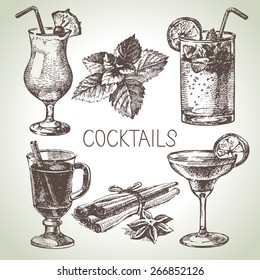 Hand drawn sketch set of alcoholic cocktails. Vector illustration