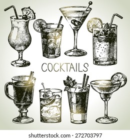 Hand drawn sketch set of alcoholic cocktails. Vector illustration