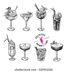 Hand drawn sketch set of alcoholic cocktails. Vector illustration