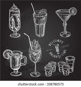 Hand drawn sketch set of alcoholic cocktails. Vector illustration. Chalkboard background.