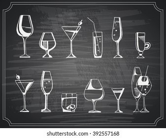 Hand drawn sketch set of alcoholic cocktails. Vector illustration